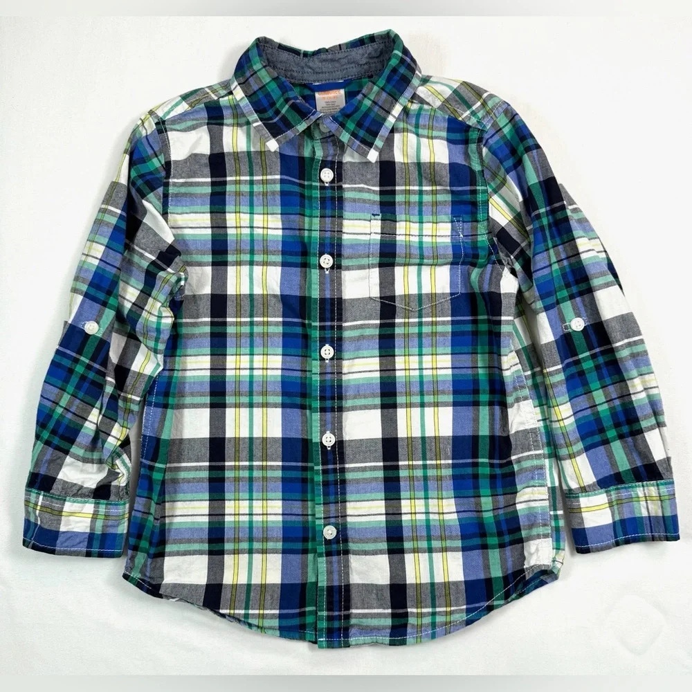 GYMBOREE Boys’ Green & Blue Tartan Plaid Long‎ Sleeve Casual Button Down Size S